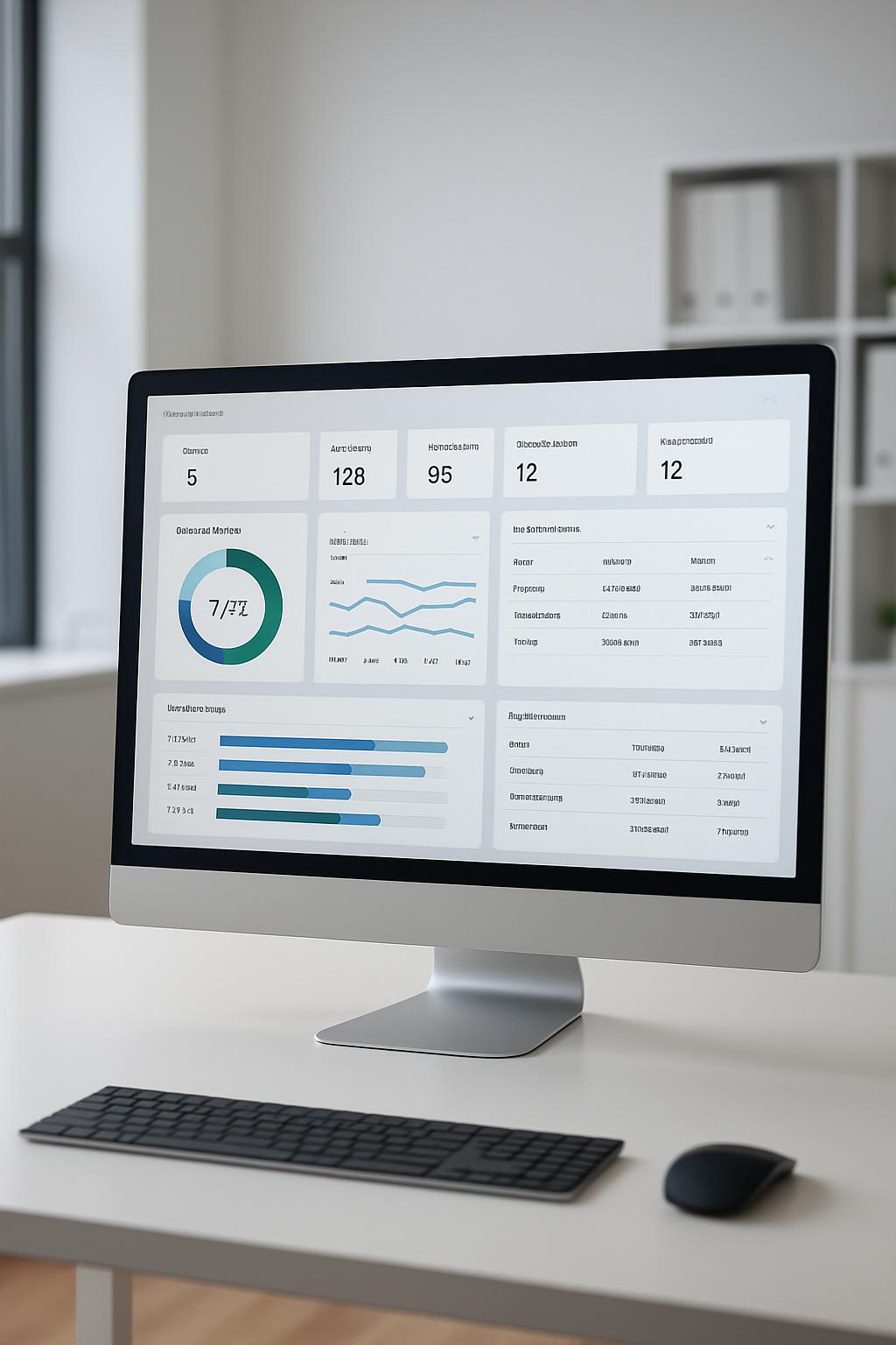 Computer monitor on white desk with keyboard, mouse, showing data and charts on screen.
